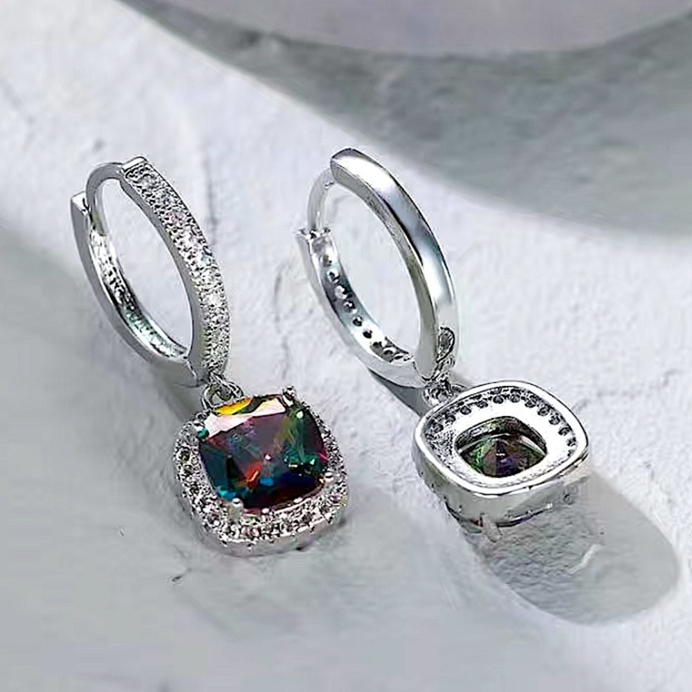 Mystic Topaz White Gold Plated Square Cut Zircon Dangle Earrings - Picture 4 of 7